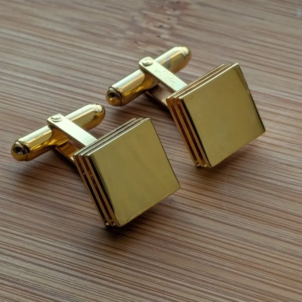Christian Dior Logo Gold Tone Three Layered Square Cufflinks